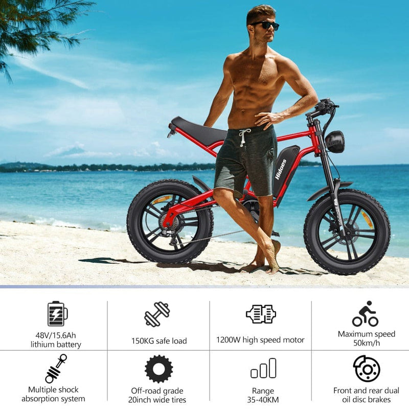 Hidoes B6 Electric Fat Bike - 1200W Motor, 48V 15Ah Battery, 50 Mile Range, 20 Tires Red