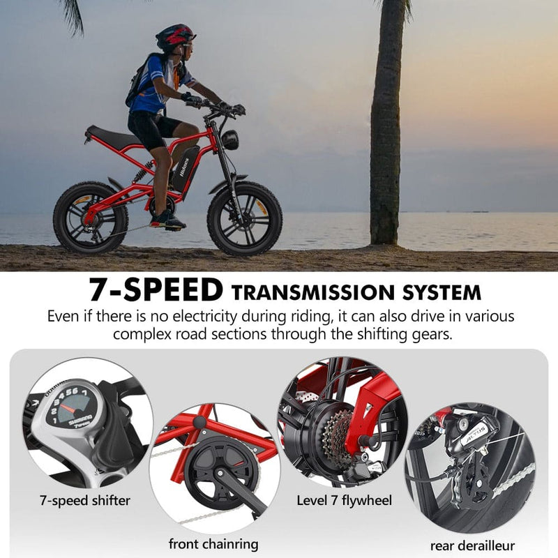 Hidoes B6 Electric Fat Bike - 1200W Motor, 48V 15Ah Battery, 50 Mile Range, 20 Tires Red